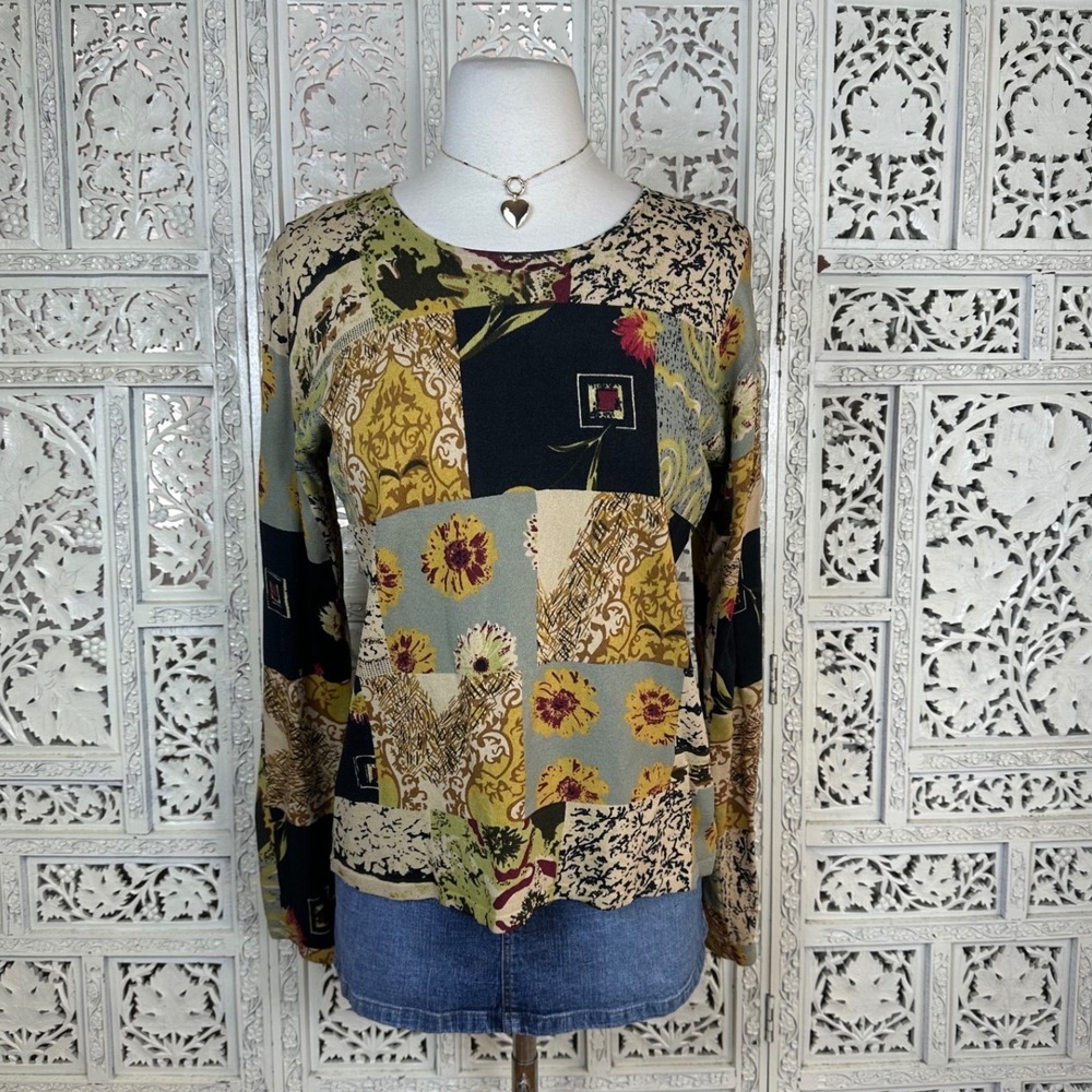 Vintage Artsy Colorful Y2K‎ Patchwork Style Long Sleeve Ribbed Top Sz Large